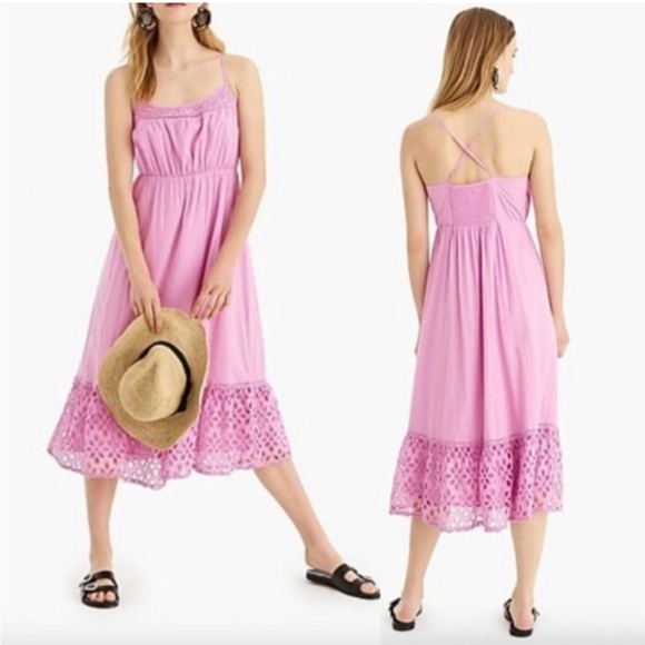 J. Crew Ruffle Eyelet Trim Strappy Midi Dress in Organic Cotton - Picture 1 of 10